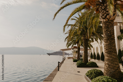 9 Nov 2018 Beautiful sea promenade in Tivat  Montenegro. Kotor bay  Adriatic sea. Famous travel destination. - Image