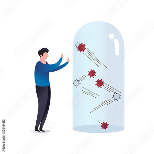 COVID-19 quarantine, restriction, keep out or protection concept, COVID-19 novel Coronavirus pathogens moving inside restricted quarantined tube and cannot get out with young man looking from outside.