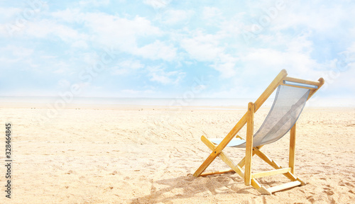 Fényképezés Deck chair on beach send empty copy space background,summer esort view,tourism banner