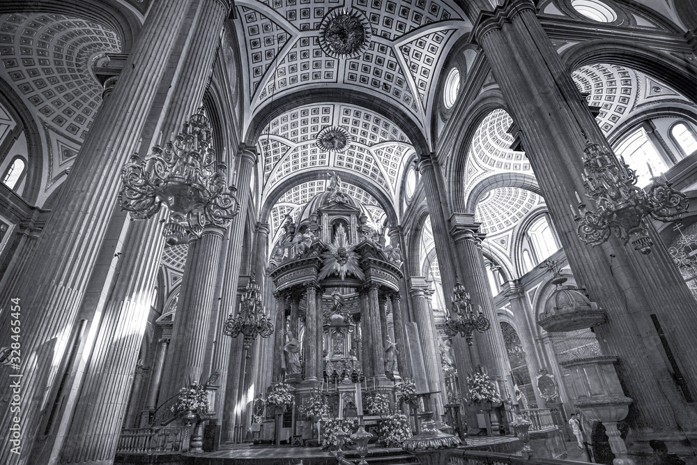 Black and White Basilica Altar Ornate Ceiling Puebla Cathedral Mexico