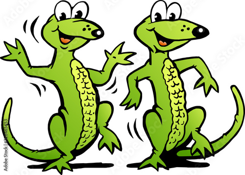 Vector Cartoon illustration of a Two Happy Dancing Lizard