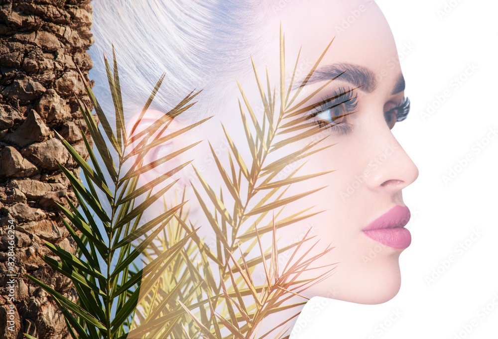 Naklejka premium Double exposure portrait of young woman and branches.