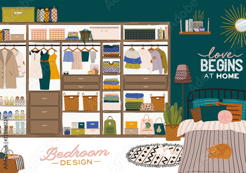 Stylish Scandinavian bedroom interior - bed, sofa, wardrobe, mirror, night stand, plant, lamp, home decorations. Cozy modern comfy apartment furnished in Hygge style. Vector illustration. Isolated