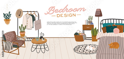 Stylish Scandinavian bedroom interior - bed, sofa, wardrobe, mirror, night stand, plant, lamp, home decorations. Cozy modern comfy apartment furnished in Hygge style. Vector illustration. Isolated