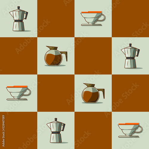 Seamless Pattern of Graphic Illustration Of Coffee Tools For Coffee Bar Wallpaper, Food Court Wallpaper, Or Decoration