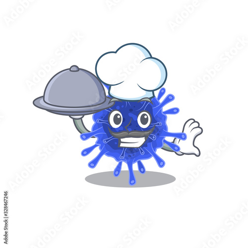 Bacteria coronavirus as a chef cartoon character with food on tray
