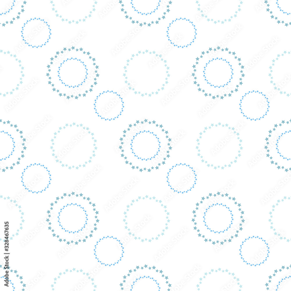 Seamless pattern in charmed round frames of blue winter stars on white background for plaid, fabric, textile, clothes, tablecloth and other things. Vector image.
