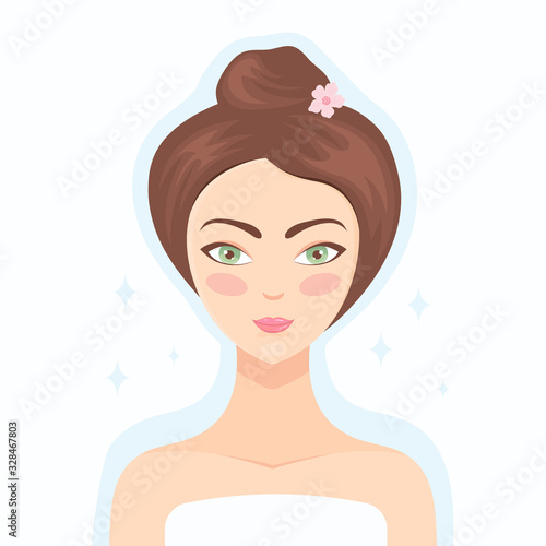 Beautiful girl with clear glowing skin after cosmetic procedures. Good results after applying beauty products and cosmetics. Skin care for the face, eyes and neck. Vector flat illustration.