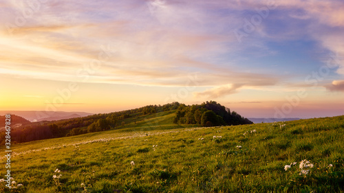 Mountain valley during bright sunrise. Beautiful natural landscape. Adygea  do-do-gush. Beautiful natural landscape.