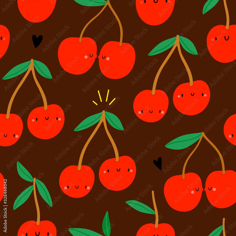 Super cute seamless pattern with Red Cherries. Cartoon fruits background. Spring seasonal berry texture. Natural fresh food background in childish style. Super cute seamless pattern with Red Cherries. Cartoon fruits background. Spring seasonal berry texture. Natural fresh food background in childish style.