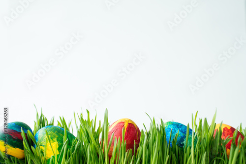 Easter bunny in green grass with painted eggs on white background