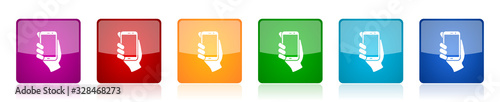 Smartphone in hand icon set, mobile phone colorful square glossy vector illustrations in 6 options for web design and mobile applications