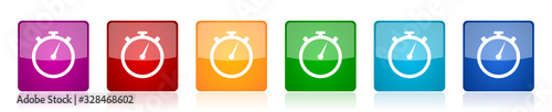 stopwatch icon set, colorful square glossy vector illustrations in 6 options for web design and mobile applications