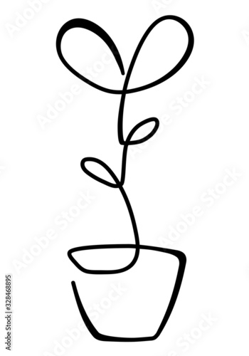 One line art. Black and white drawing, flower blooming in a pot, romantic picture. Abstraction