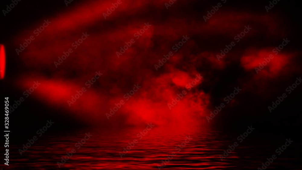 Projector red spotlight with reflection in water. Paranormal fog isolated on black background. Projector red spotlight with reflection in water. Paranormal fog isolated on black background.