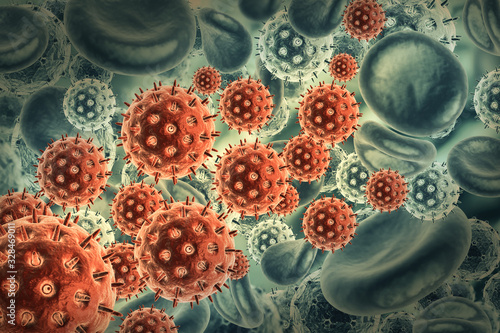 Virus infected blood cells.3d illustration