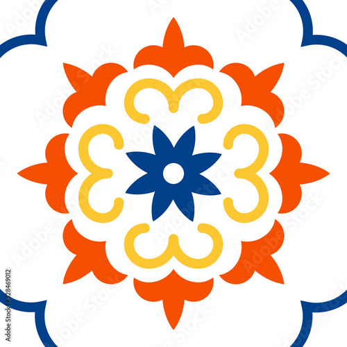 Mexican talavera tile pattern. Ornament in traditional style from Puebla on white background. Floral ceramic composition with flower, dot and leaves. Folk art design from Mexico.