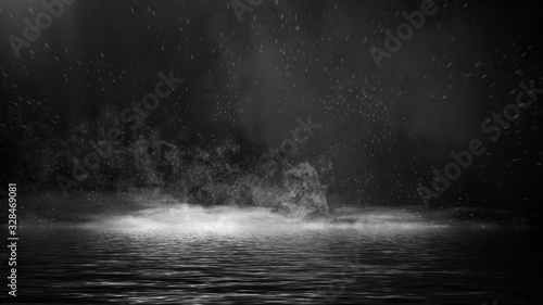 Mystery coastal fog . Smoke on the shore . Reflection in water. Texture overlays background. Stock illustration. Design element.
