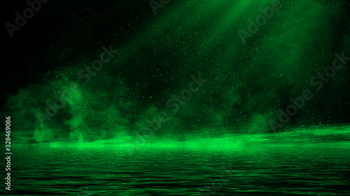 Mystery coastal green fog . Smoke on the shore . Reflection in water. Texture overlays background. Stock illustration. Design element.