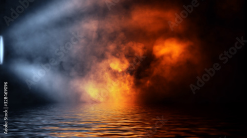 The confrontation of water vs fire. Mystical smoke with reflection on water the shore. Stock illustration background. Design element.