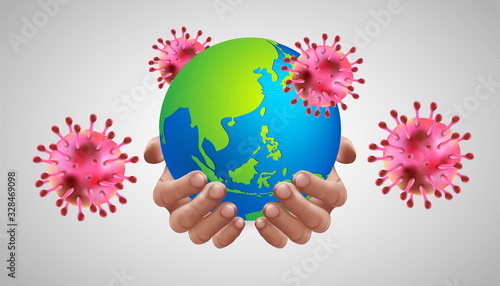 Coronavirus 2019-nCov Realistic hand holding globe with grup of coronaviruses. wuhan corona virus disease corona virus quarantine earth concept. Perfect for banner, background.