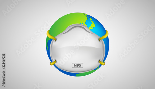 Globe with n95 face mask protection safety for coronaviruses. corona virus cell, wuhan virus disease. Perfect for banner, background. Realistic Vector