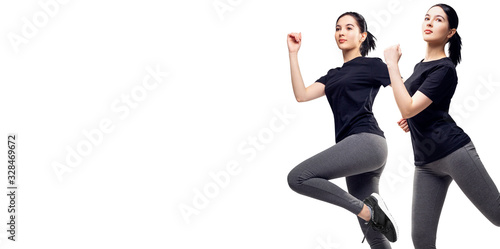 Collage of young fitness woman in sportswear jumping. Copy space.