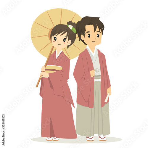 Japanese couple in traditional Kimono dress, cartoon vector. The woman holding an umbrella and the man holding a folding fan.