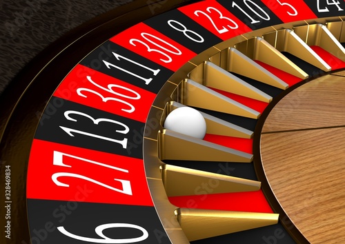 Casino roulette wheel on black background. Casino theme. Close-up white casino roulette with a ball on 36. 3d rendering illustration