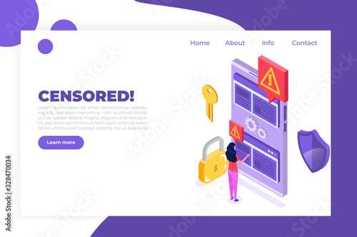 Web ban bypass, Internet censorship bypassing. Content control blocking. Vector isometric illustration.