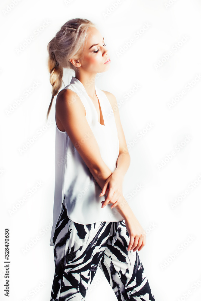 young pretty woman with blond hair on white background isolated, sensual makeup, fashion look, lifestyle people concept young pretty woman with blond hair on white background isolated, sensual makeup, fashion look, lifestyle people concept