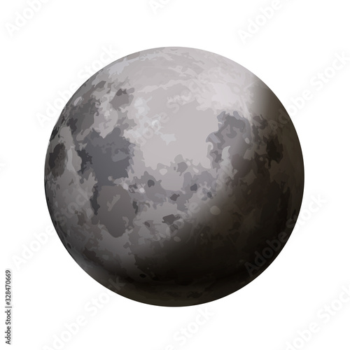 Bright realistic moon with shadow on white