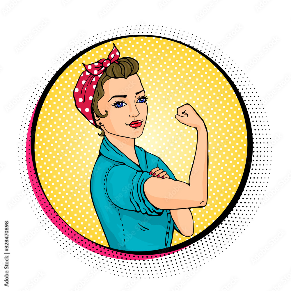 Women Power. Pop art sexy strong blonde girl in a circle on white  background. Classical american symbol of female power, woman rights,  protest, feminism. Vector illustration in retro comic style. Stock Vector