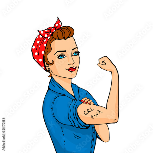 We Can Do It girl. Womens symbol of female power, woman rights, feminism or protest. Doodle cartoon character isolated on white in comic style.