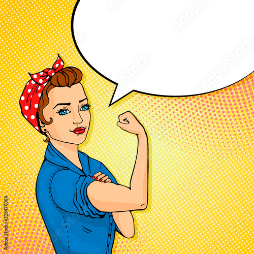 We Can Do It girl. Womens symbol of female power, woman rights, feminism or protest. Doodle cartoon character in comic style.