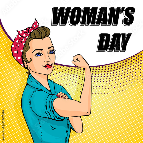 We Can Do It girl. Womens symbol of female power, woman rights, feminism or protest. Doodle cartoon character in comic style.