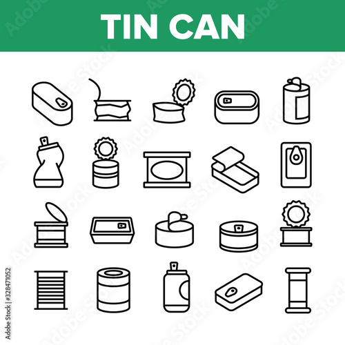 Tin Can Container Collection Icons Set Vector. Metallic Tin Can Package For Freshness Drink And Pickled Food, Closed And Opened Concept Linear Pictograms. Monochrome Contour Illustrations