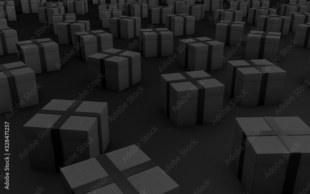 Black gift boxes with ribbon on black background. 3D illustration Black gift boxes with ribbon on black background. 3D illustration