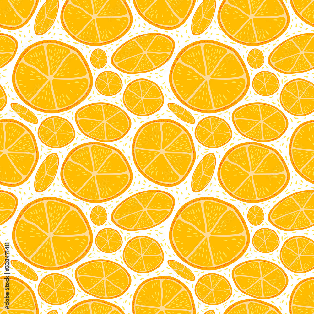 bright seamless pattern in cartoon style. Tangerine slices. Decor for fabric and wrapping paper decoration.