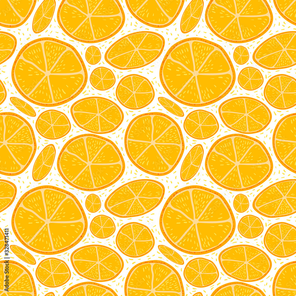bright seamless pattern in cartoon style. Tangerine slices. Decor for fabric and wrapping paper decoration. bright seamless pattern in cartoon style. Tangerine slices. Decor for fabric and wrapping paper decoration.