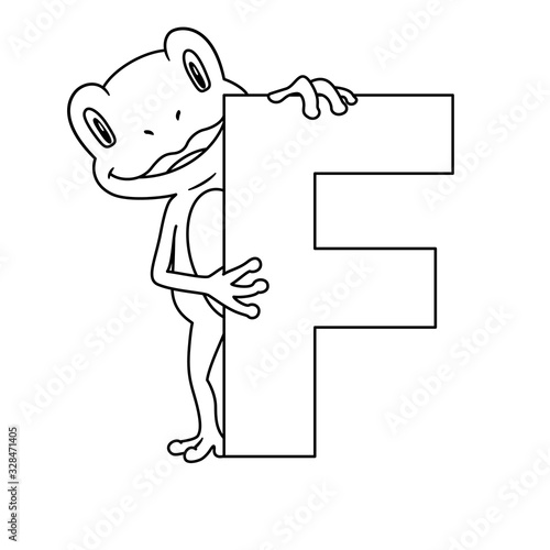 Animal alphabet. Capital letter F, Frog. Raster illustration. For pre school education, kindergarten and foreign language learning for kids and children. Coloring page and books, zoo topic.