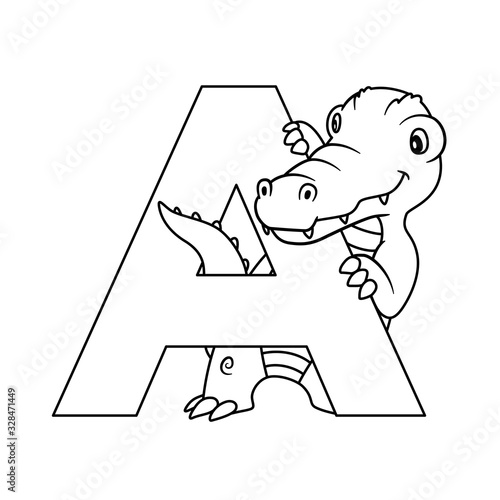 Animal alphabet. Capital letter A, Alligator. Raster illustration. For pre school education, kindergarten and foreign language learning for kids and children. Coloring page and books, zoo topic.