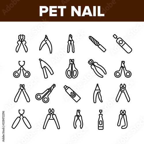 Pet Nail Clippers Collection Icons Set Vector. Cutting Pet Nail Scissors Accessory, Metallic Bottle Spray, Manicure Cut Tool Concept Linear Pictograms. Monochrome Contour Illustrations