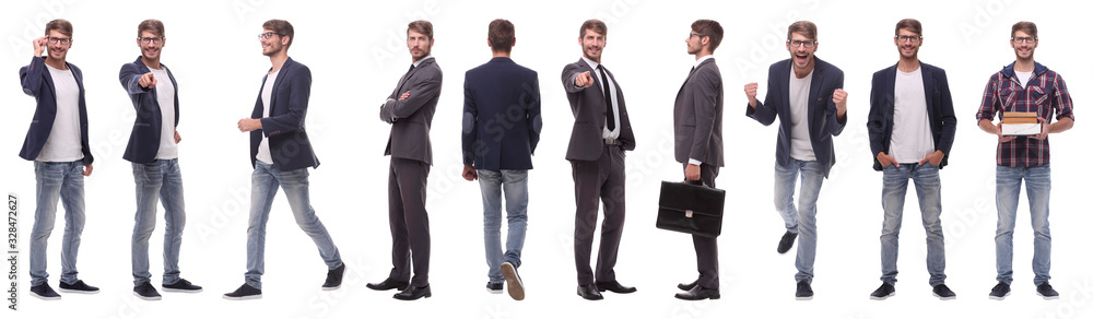 panoramic collage of self-motivated young man .isolated on white panoramic collage of self-motivated young man .isolated on white