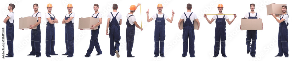 panoramic collage of skilled handyman isolated on white panoramic collage of skilled handyman isolated on white