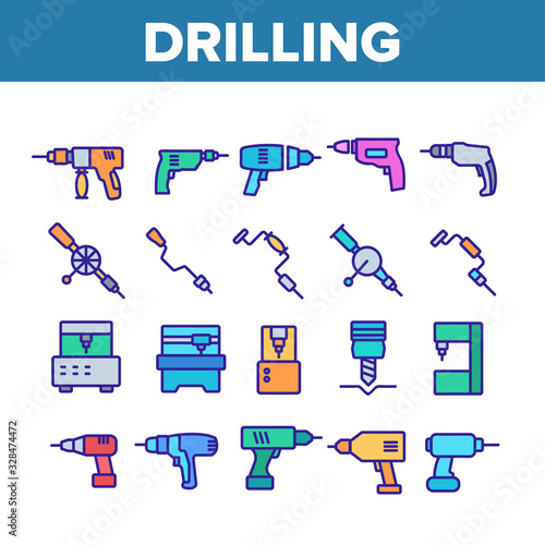 Drilling Equipment Collection Icons Set Vector. Perforator Drilling Electronic Device And Manual Tool Instrument, Industrial Machine Concept Linear Pictograms. Color Contour Illustrations