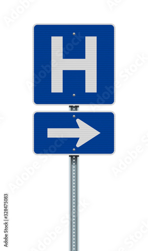 Vector illustration of the Hospital blue road sign with arrow on metallic post