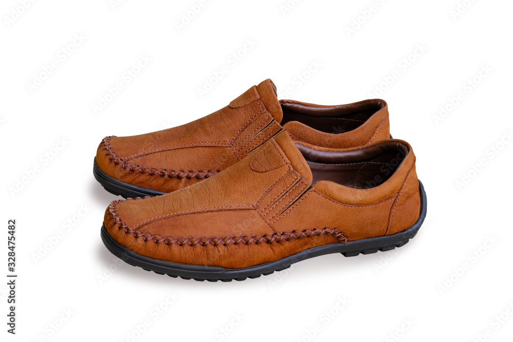 Brown mens shoes white isolated background with clipping path. Slip-on shoes Brown mens shoes white isolated background with clipping path. Slip-on shoes