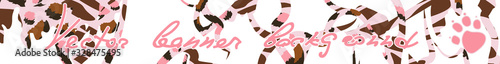 Abstract cute pink safari full banner template. Leopard style spots, animal paw and handwritten lettering Vector banner template on white background. Vector web site banner.