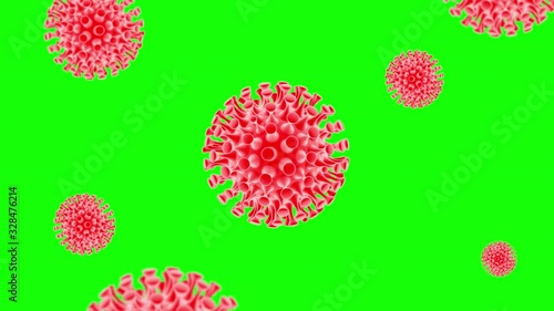 Animated Virus, red 3d model on Chromakey background with small viruses. Macro shooting